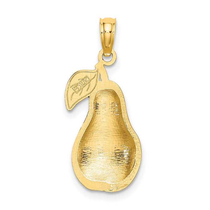 Million Charms 14K Yellow Gold Themed With Enamel 2-D Comice Pear With Stem & Leaf Charm