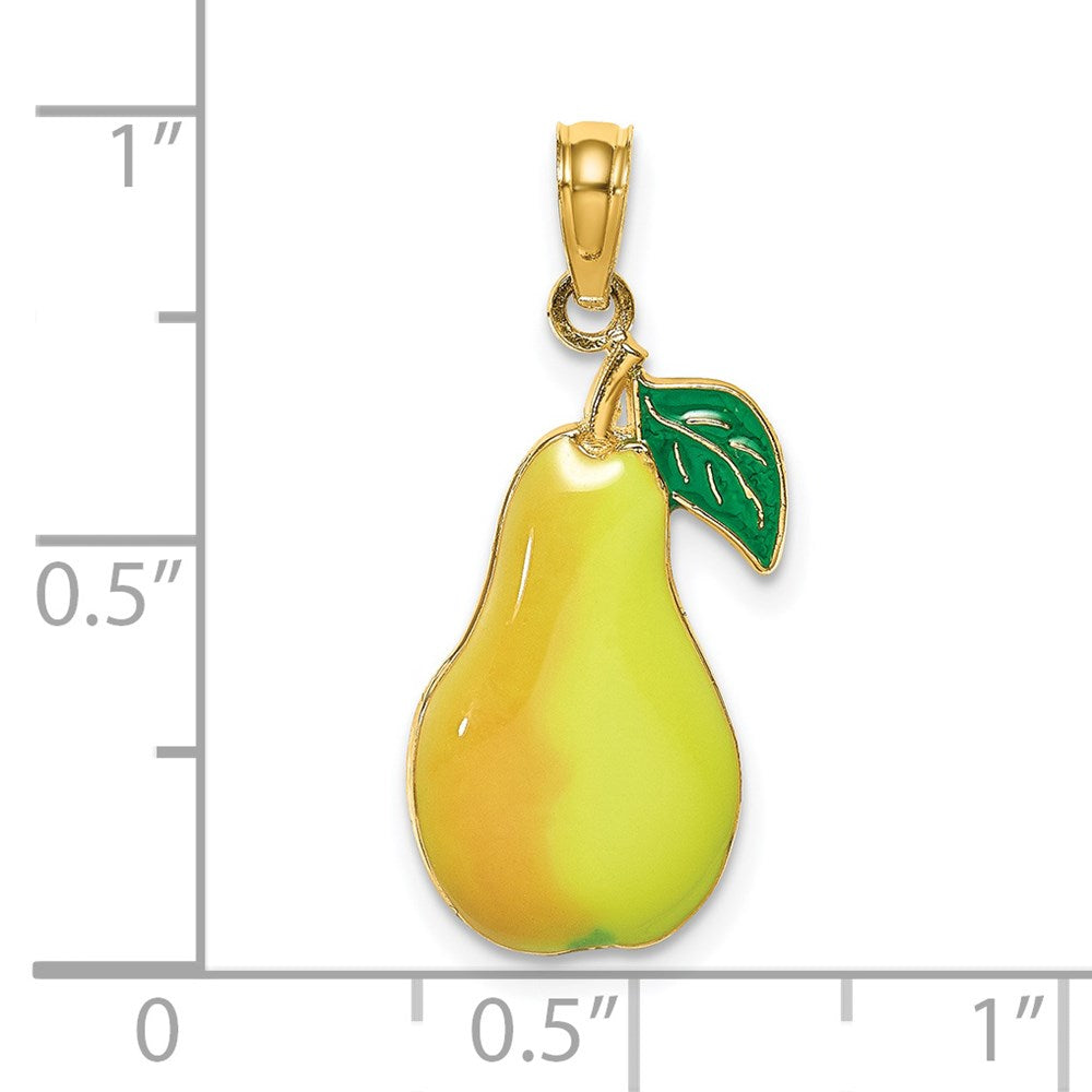 Million Charms 14K Yellow Gold Themed With Enamel 2-D Comice Pear With Stem & Leaf Charm