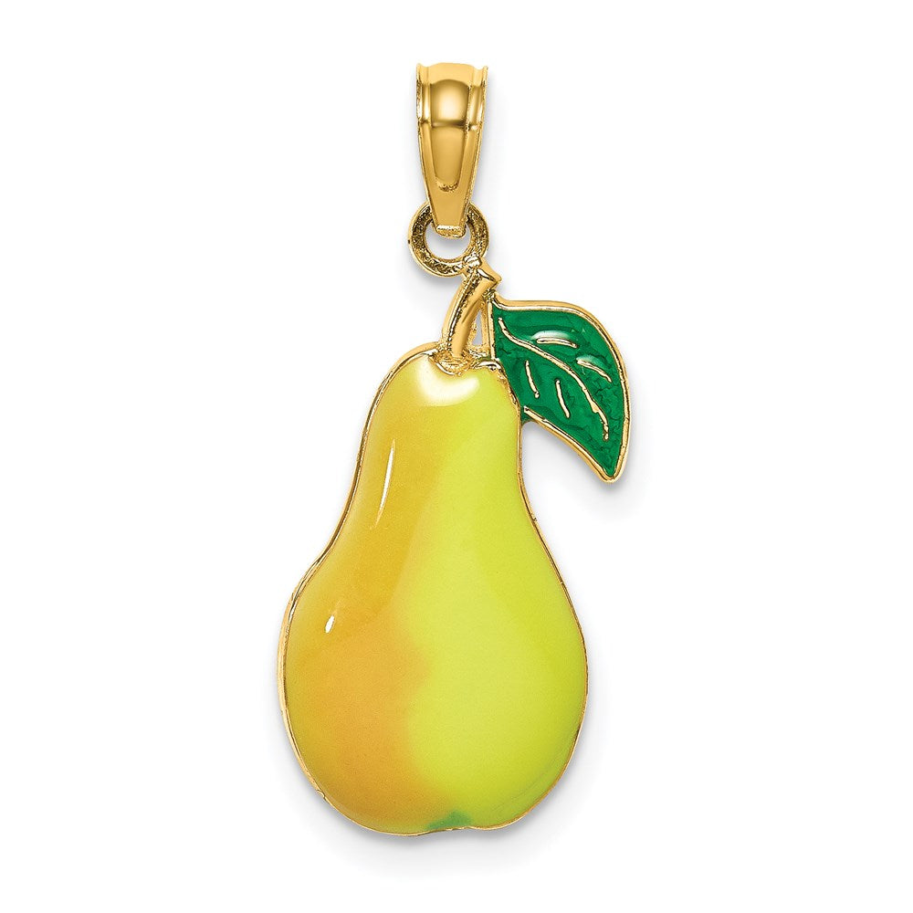 Million Charms 14K Yellow Gold Themed With Enamel 2-D Comice Pear With Stem & Leaf Charm
