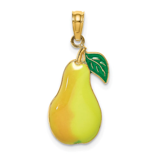 Million Charms 14K Yellow Gold Themed With Enamel 2-D Comice Pear With Stem & Leaf Charm