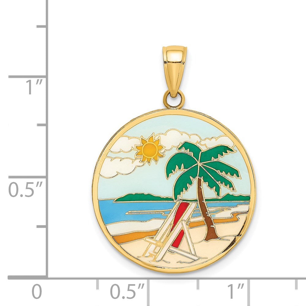 Million Charms 14K Yellow Gold Themed Enamel Beach Scene On Round Disc Charm