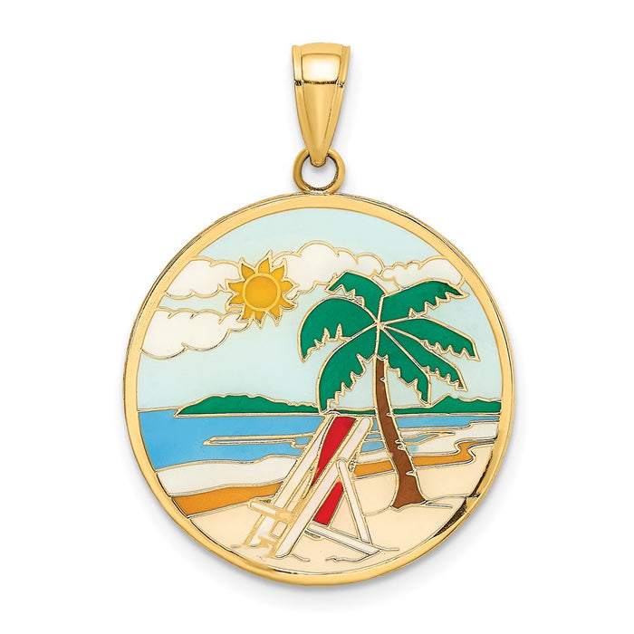 Million Charms 14K Yellow Gold Themed Enamel Beach Scene On Round Disc Charm