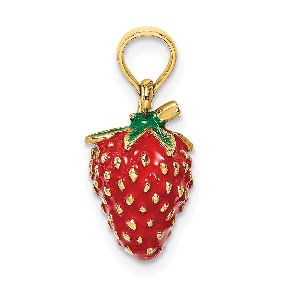 Million Charms 14K Yellow Gold Themed With Enamel 3-D Strawberry & Leaf Charm