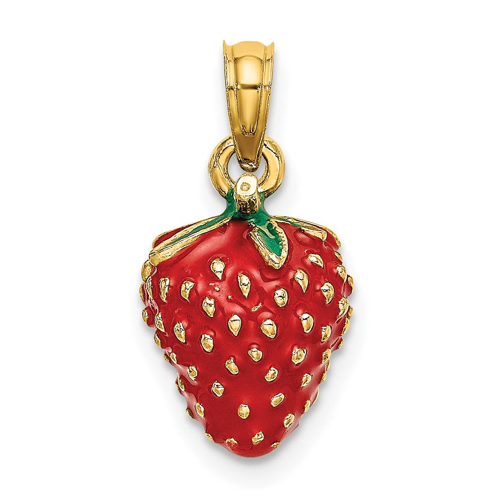 Million Charms 14K Yellow Gold Themed With Enamel 3-D Strawberry & Leaf Charm