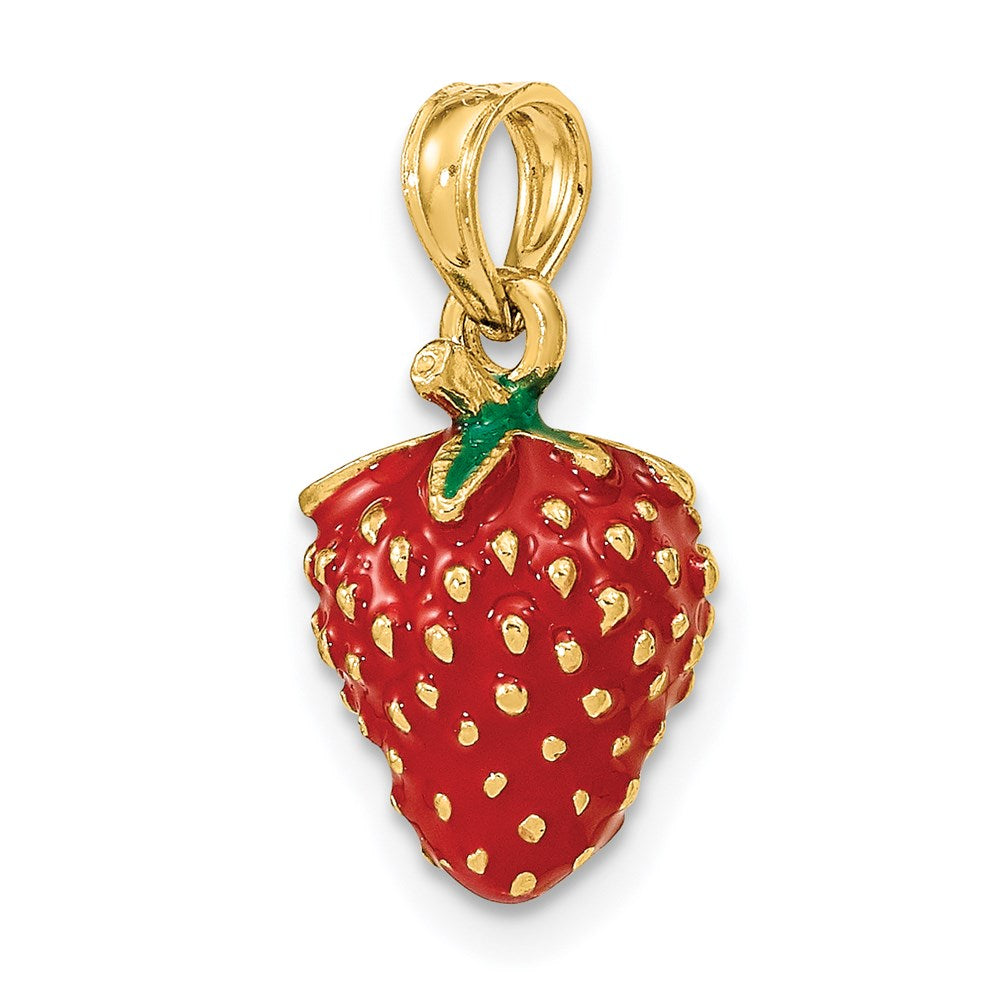 Million Charms 14K Yellow Gold Themed With Enamel 3-D Strawberry & Leaf Charm