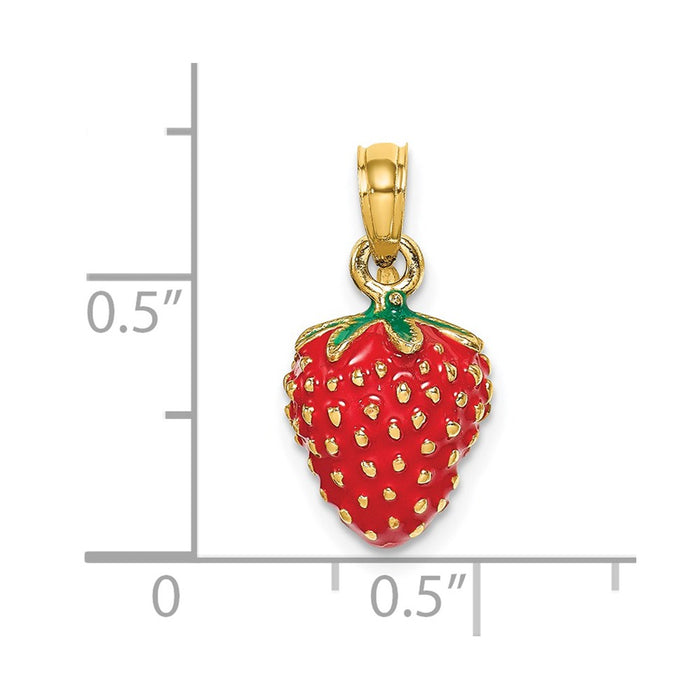 Million Charms 14K Yellow Gold Themed With Enamel 3-D Strawberry & Leaf Charm