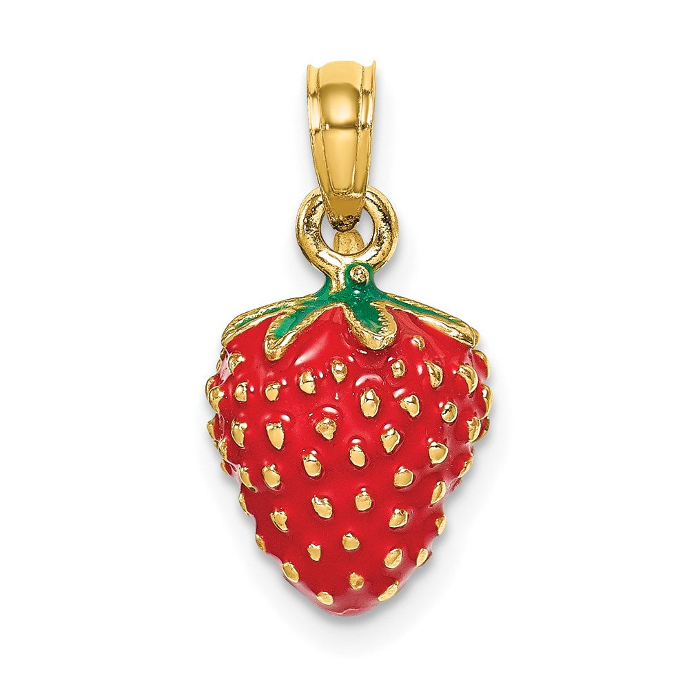 Million Charms 14K Yellow Gold Themed With Enamel 3-D Strawberry & Leaf Charm