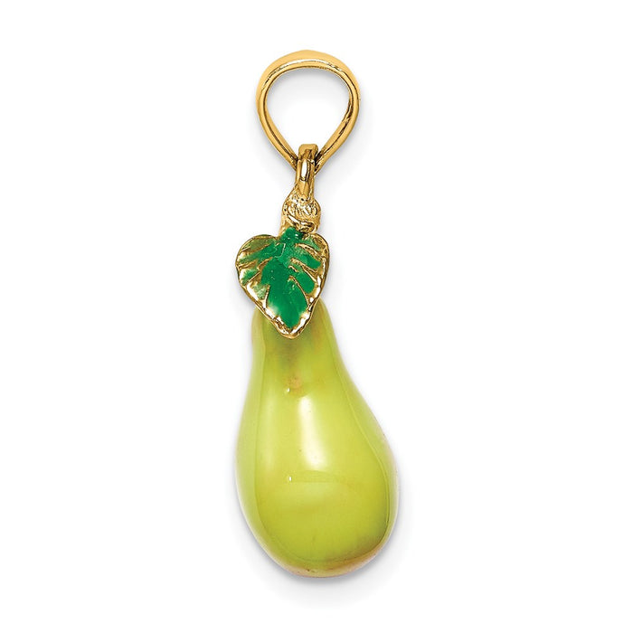 Million Charms 14K Yellow Gold Themed With Enamel 3-D Pear With Stem & Leaf Charm
