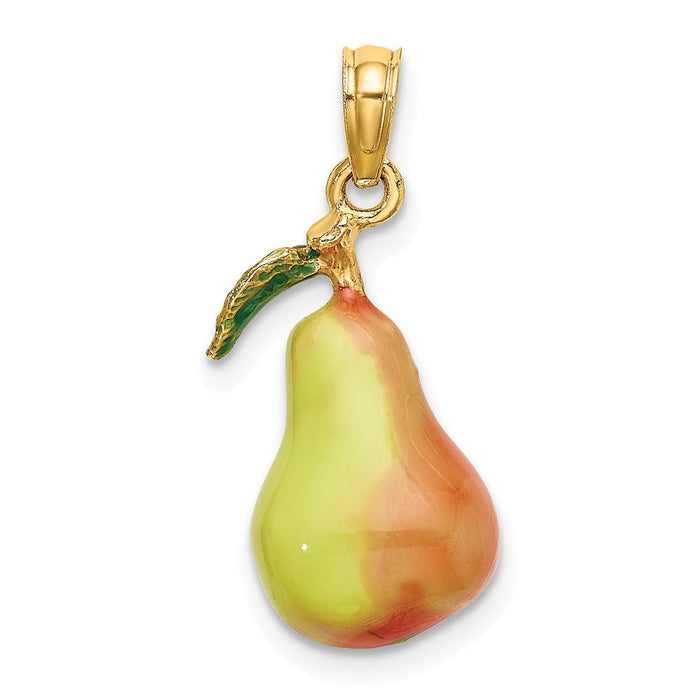 Million Charms 14K Yellow Gold Themed With Enamel 3-D Pear With Stem & Leaf Charm