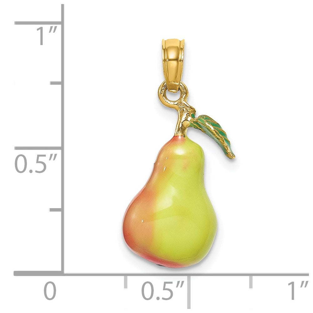 Million Charms 14K Yellow Gold Themed With Enamel 3-D Pear With Stem & Leaf Charm