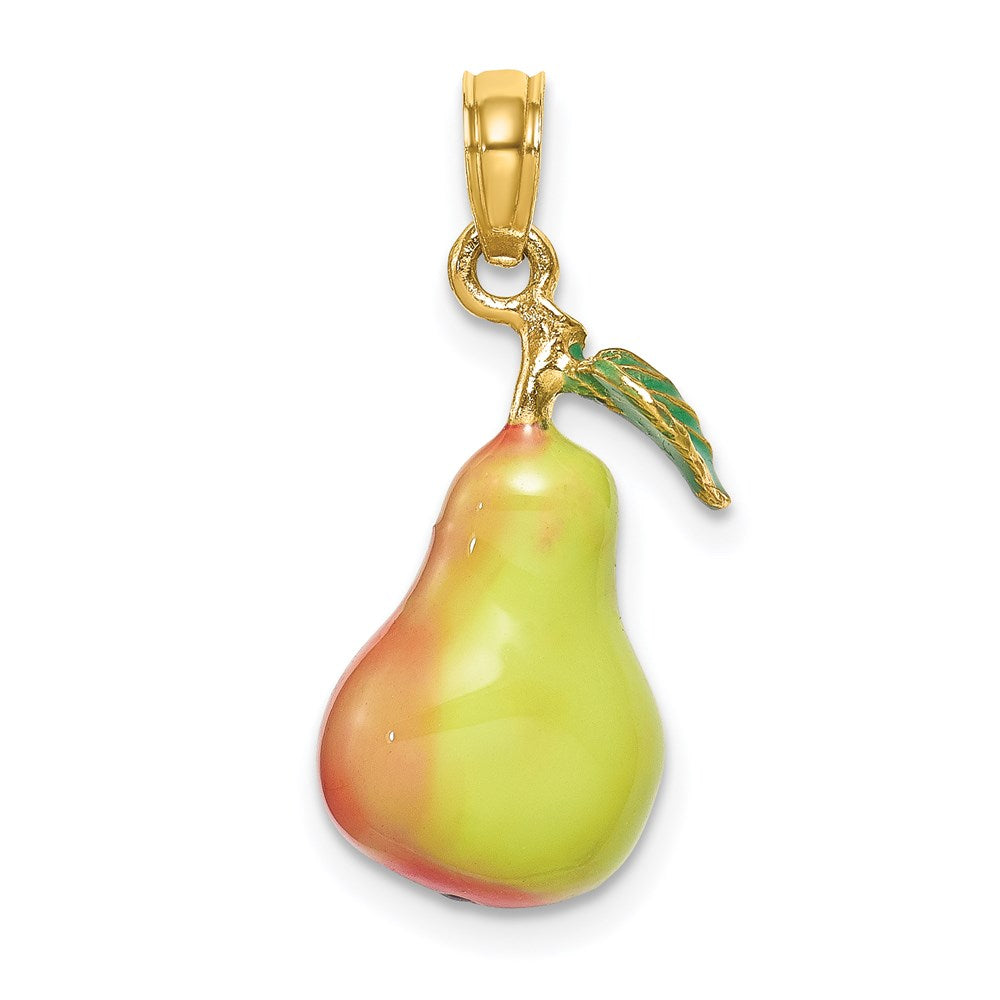 Million Charms 14K Yellow Gold Themed With Enamel 3-D Pear With Stem & Leaf Charm