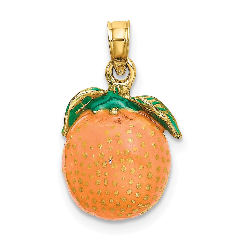 Million Charms 14K Yellow Gold Themed With Enamel 3-D Orange With Stem & Leaf Charm