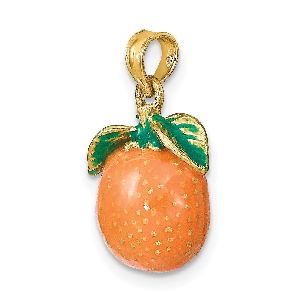 Million Charms 14K Yellow Gold Themed With Enamel 3-D Orange With Stem & Leaf Charm