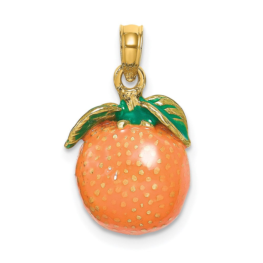 Million Charms 14K Yellow Gold Themed With Enamel 3-D Orange With Stem & Leaf Charm