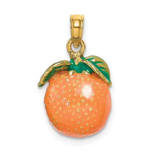 Million Charms 14K Yellow Gold Themed With Enamel 3-D Orange With Stem & Leaf Charm