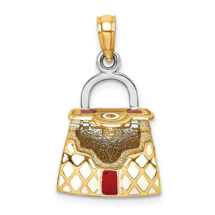 Million Charms 14K Yellow Gold Themed 3-D With Red & White Enamel Moveable Handbag Charm