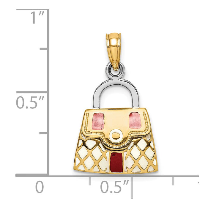 Million Charms 14K Yellow Gold Themed 3-D With Red & White Enamel Moveable Handbag Charm