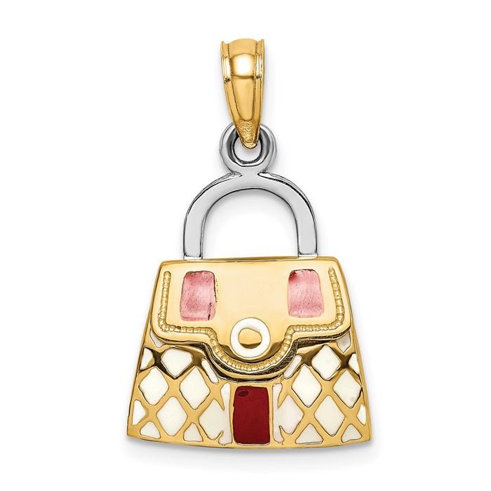 Million Charms 14K Yellow Gold Themed 3-D With Red & White Enamel Moveable Handbag Charm