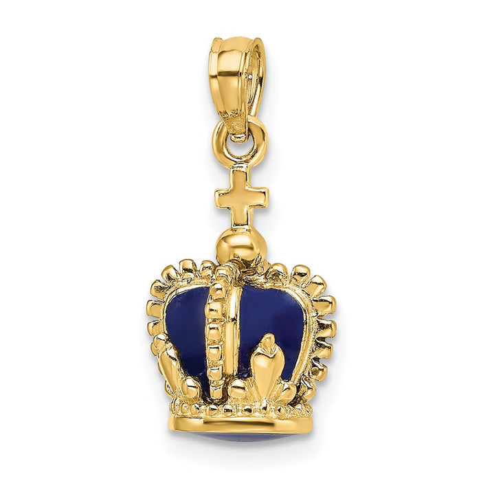 Million Charms 14K Yellow Gold Themed 3-D With Enamel Crown With Relgious Cross On Top Charm