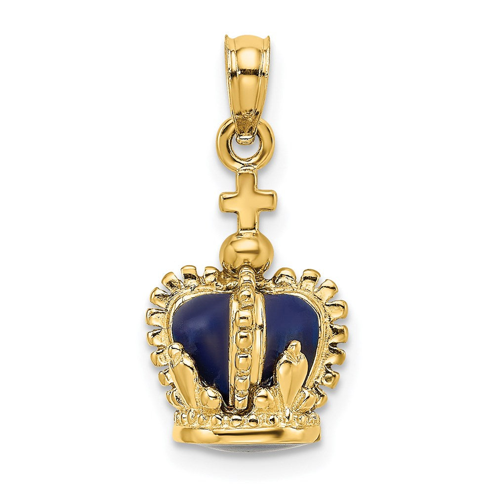 Million Charms 14K Yellow Gold Themed 3-D With Enamel Crown With Relgious Cross On Top Charm