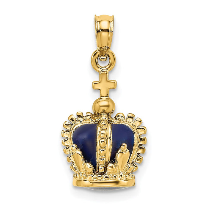 Million Charms 14K Yellow Gold Themed 3-D With Enamel Crown With Relgious Cross On Top Charm