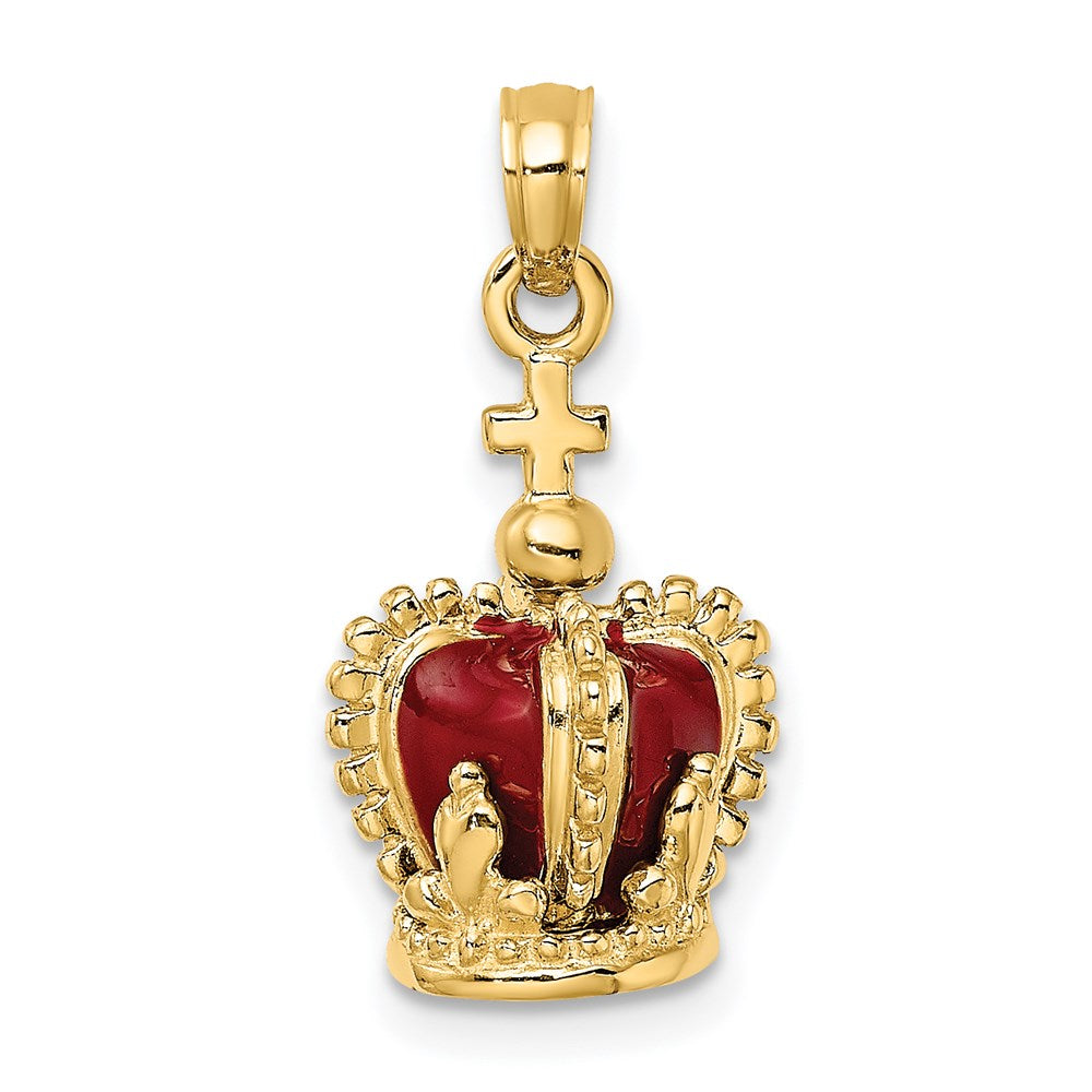 Million Charms 14K Yellow Gold Themed 3-D With Red Enamel Inside Crown With Relgious Cross On Top Charm