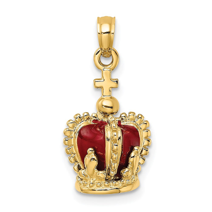 Million Charms 14K Yellow Gold Themed 3-D With Red Enamel Inside Crown With Relgious Cross On Top Charm