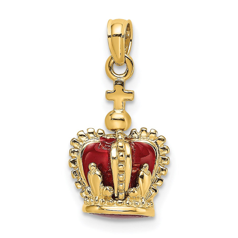 Million Charms 14K Yellow Gold Themed 3-D With Red Enamel Inside Crown With Relgious Cross On Top Charm