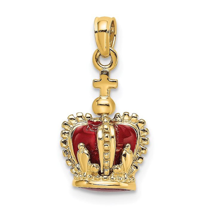 Million Charms 14K Yellow Gold Themed 3-D With Red Enamel Inside Crown With Relgious Cross On Top Charm