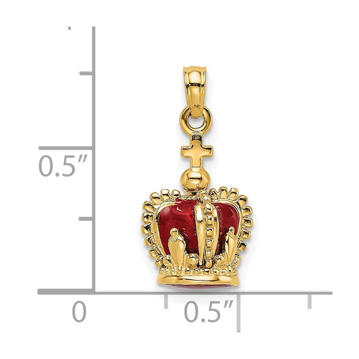 Million Charms 14K Yellow Gold Themed 3-D With Red Enamel Inside Crown With Relgious Cross On Top Charm
