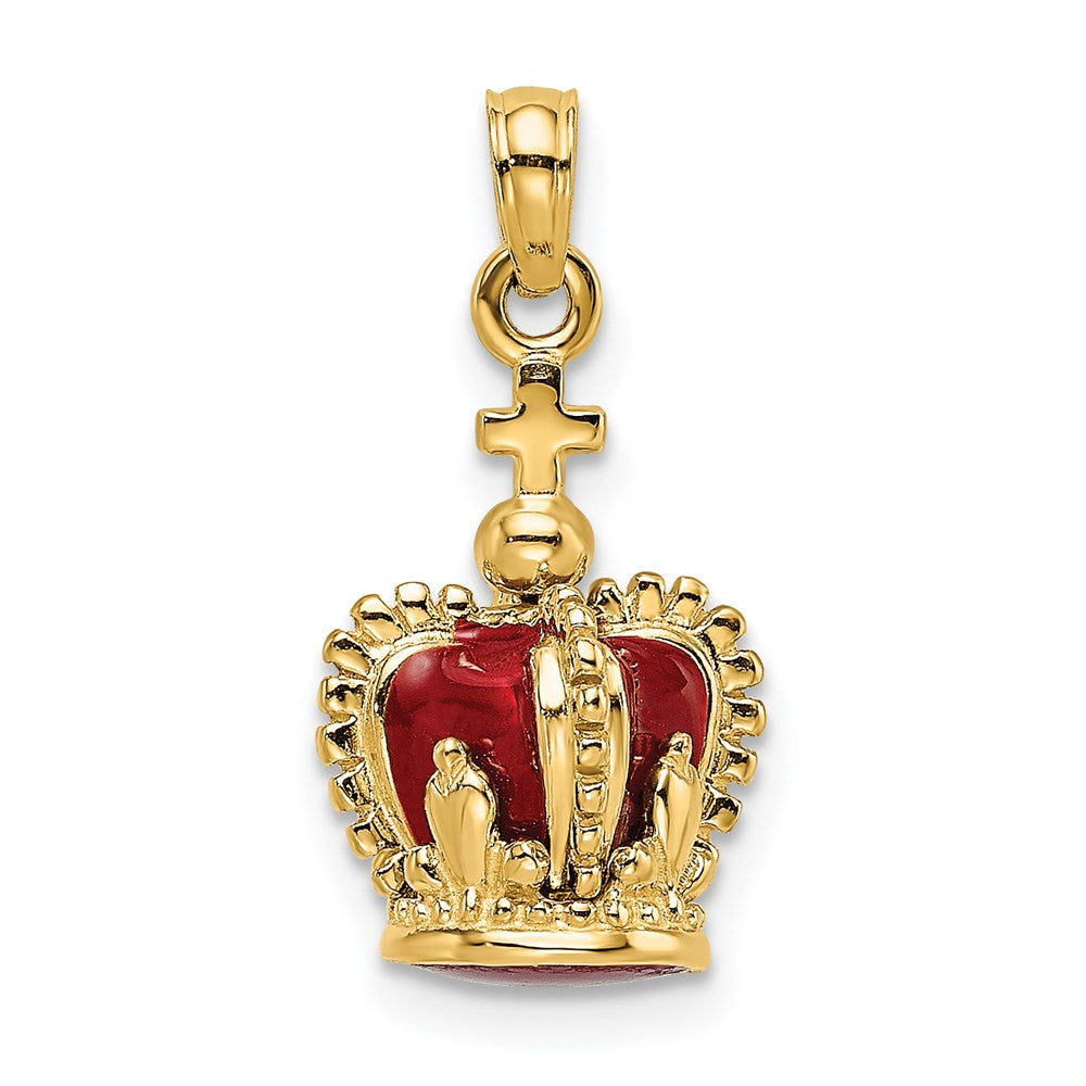 Million Charms 14K Yellow Gold Themed 3-D With Red Enamel Inside Crown With Relgious Cross On Top Charm