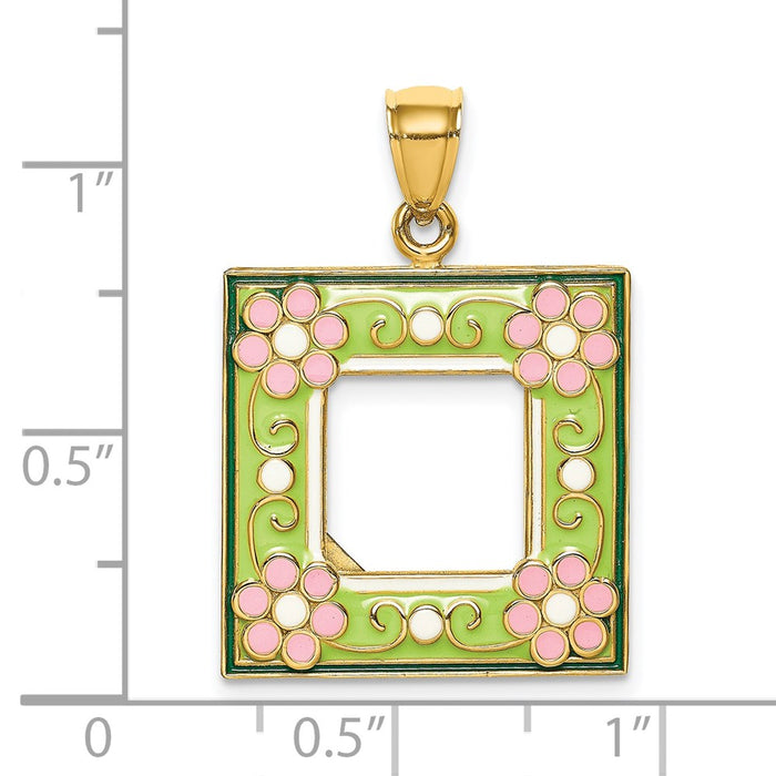 Million Charms 14K Yellow Gold Themed With Enamel Green Picture Frame With Flowers Charm