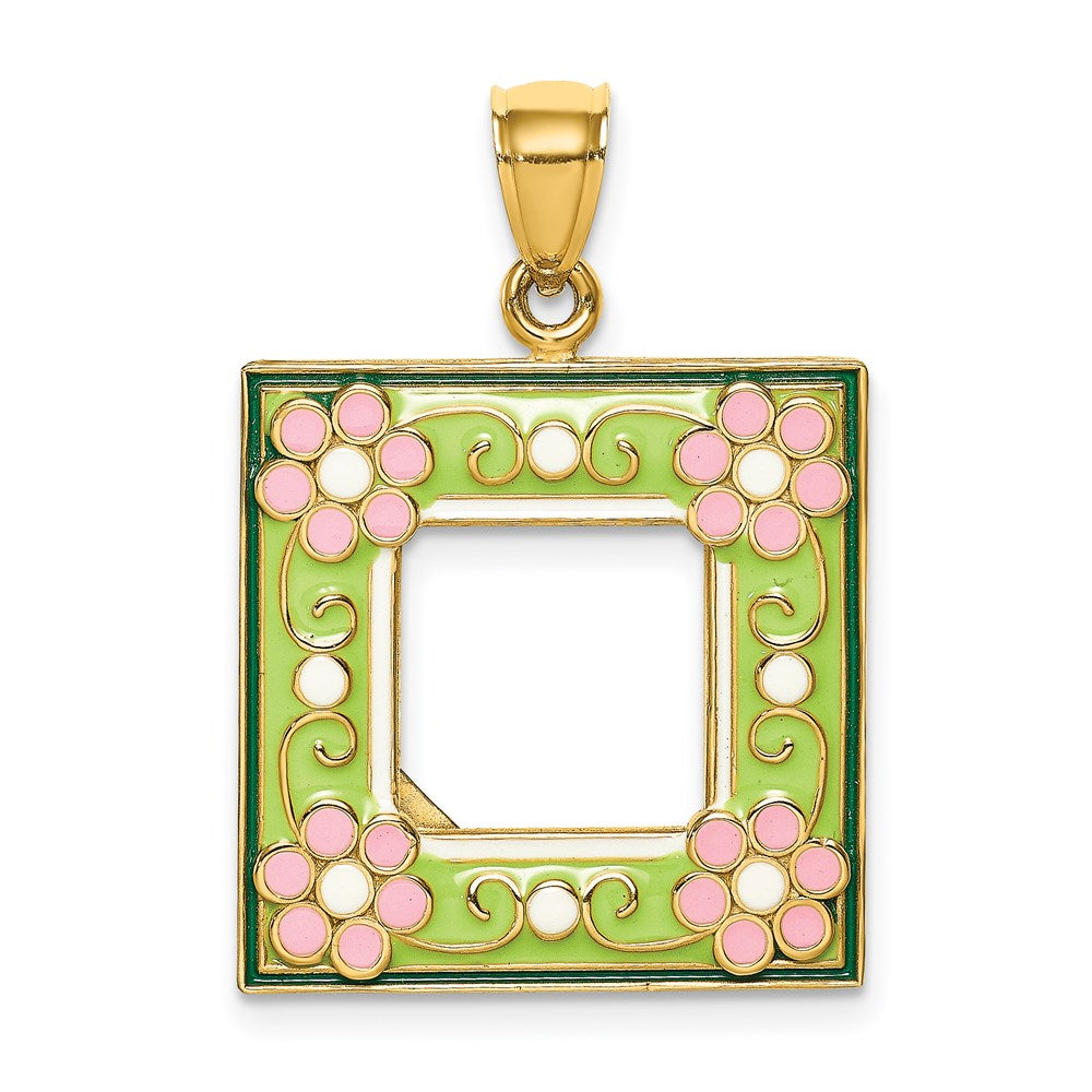 Million Charms 14K Yellow Gold Themed With Enamel Green Picture Frame With Flowers Charm