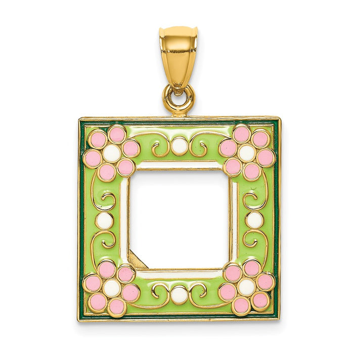 Million Charms 14K Yellow Gold Themed With Enamel Green Picture Frame With Flowers Charm