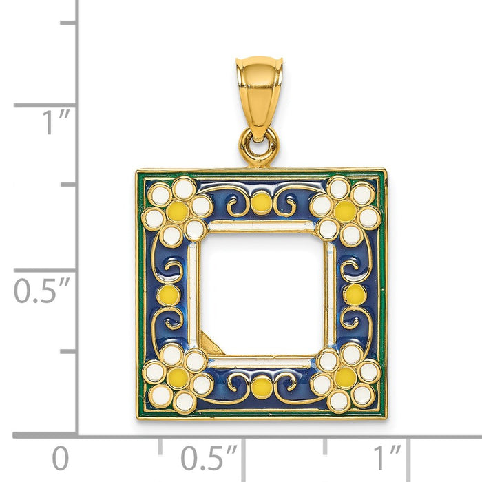 Million Charms 14K Yellow Gold Themed With Enamel Navy Picture Frame With Flowers Charm