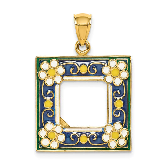 Million Charms 14K Yellow Gold Themed With Enamel Navy Picture Frame With Flowers Charm