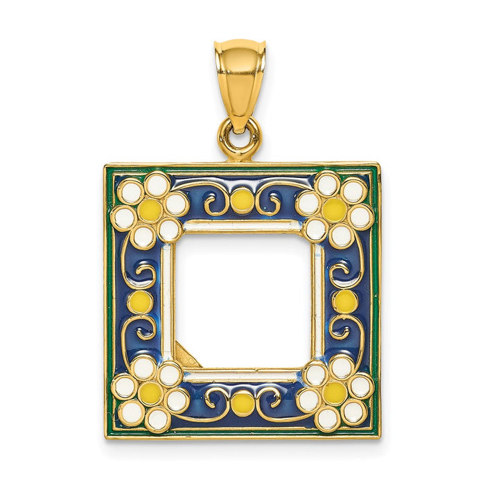 Million Charms 14K Yellow Gold Themed With Enamel Navy Picture Frame With Flowers Charm