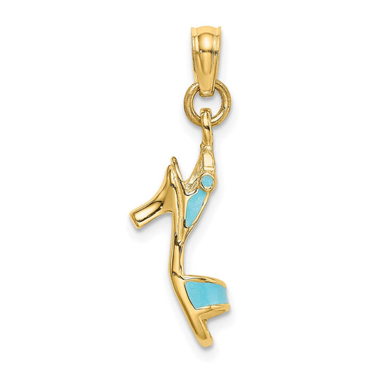 Million Charms 14K Yellow Gold Themed 3-D Aqua Enamel Open Toe High Heel Charm