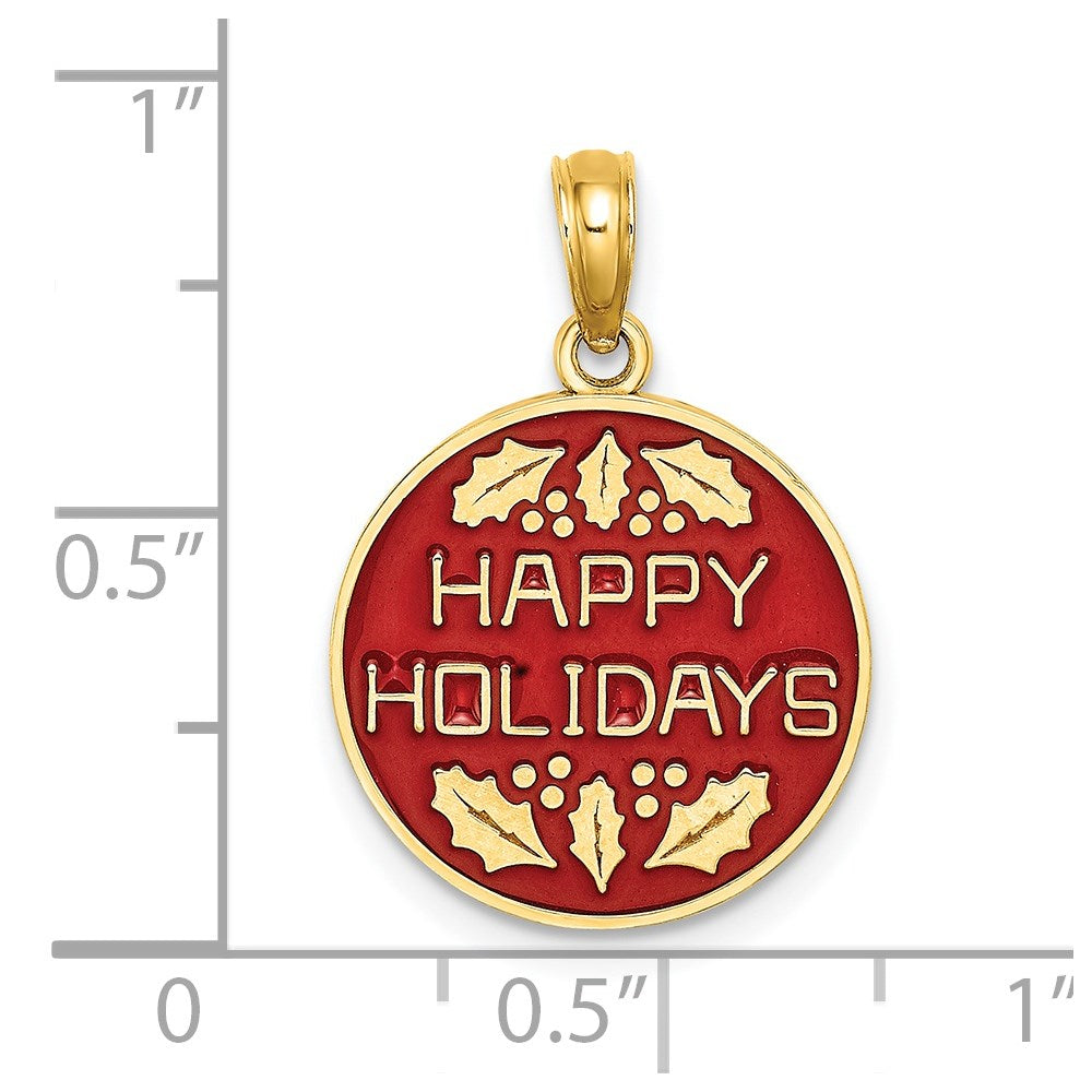 Million Charms 14K Yellow Gold Themed With Enamel Happy Holidays With Holly On Round Disc Charm