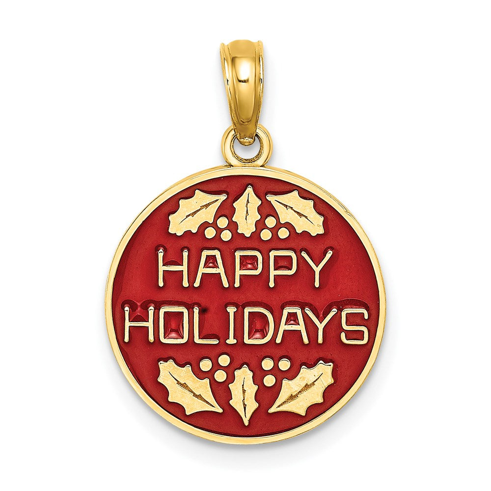 Million Charms 14K Yellow Gold Themed With Enamel Happy Holidays With Holly On Round Disc Charm