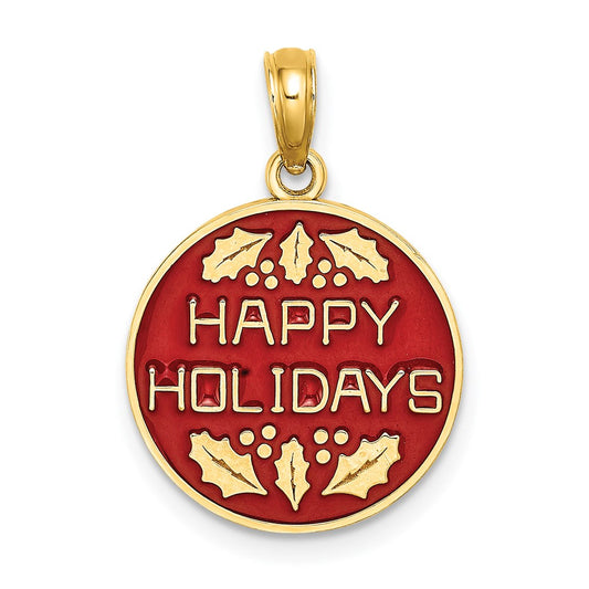 Million Charms 14K Yellow Gold Themed With Enamel Happy Holidays With Holly On Round Disc Charm