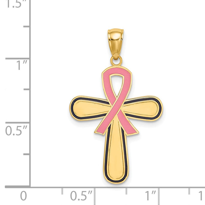 Million Charms 14K Yellow Gold Themed Enamel Pink Ribbon Breast Cancer Cross