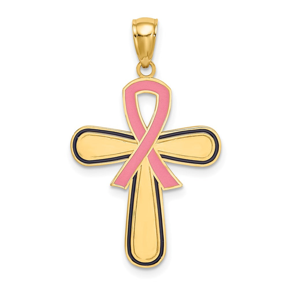Million Charms 14K Yellow Gold Themed Enamel Pink Ribbon Breast Cancer Cross