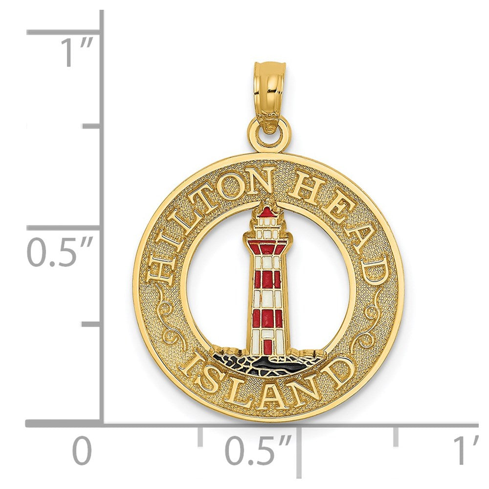 Million Charms 14K Yellow Gold Themed Hilton Head On Round Frame With Enamel Lighthouse Charm