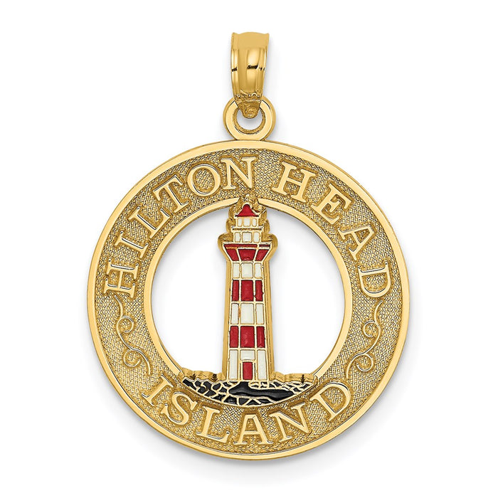 Million Charms 14K Yellow Gold Themed Hilton Head On Round Frame With Enamel Lighthouse Charm