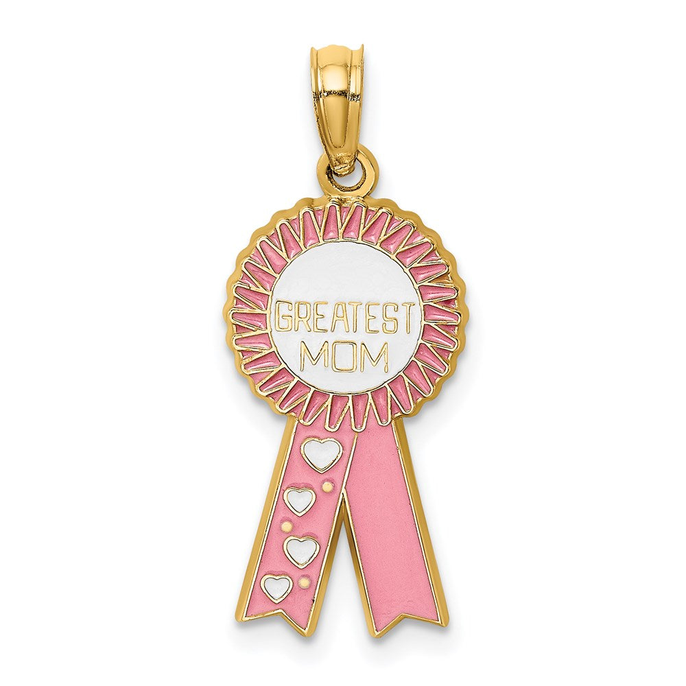 Million Charms 14K Yellow Gold Themed Enamel Greatest Mom Pink Ribbon Charm