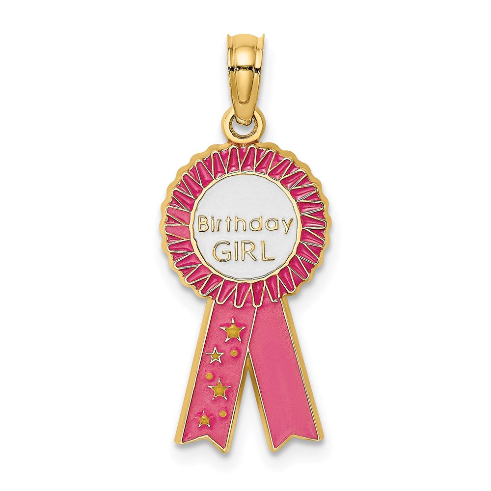 Million Charms 14K Yellow Gold Themed Enamel Birthday Girl Pink Ribbon Charm