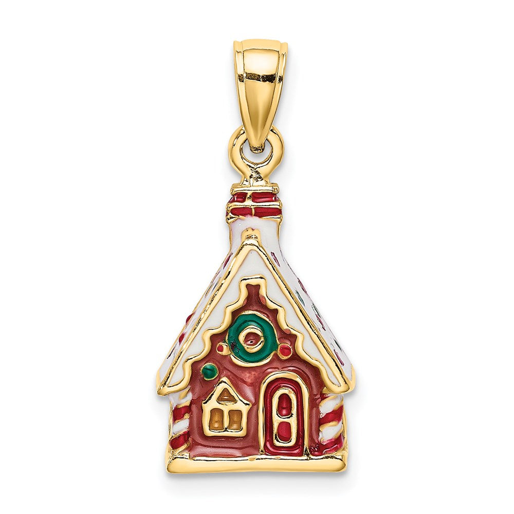 Million Charms 14K Yellow Gold Themed 3-D Enamel Gingerbread House Charm