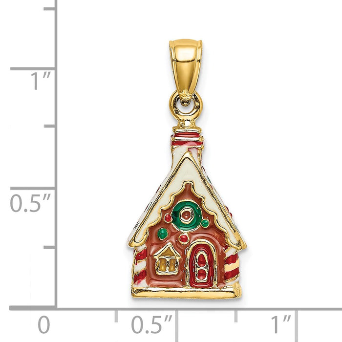 Million Charms 14K Yellow Gold Themed 3-D Enamel Gingerbread House Charm