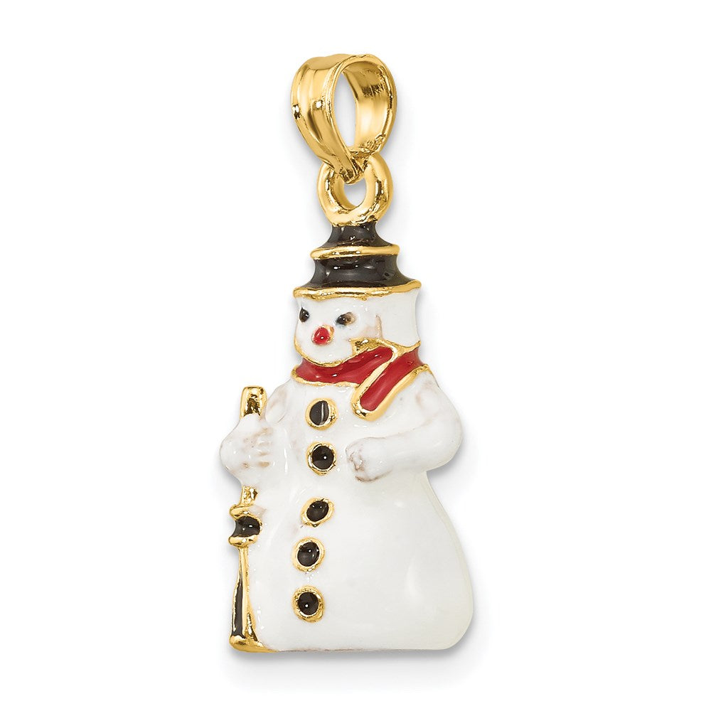 Million Charms 14K Yellow Gold Themed 3-D Enamel Snowman Holding Broom Charm